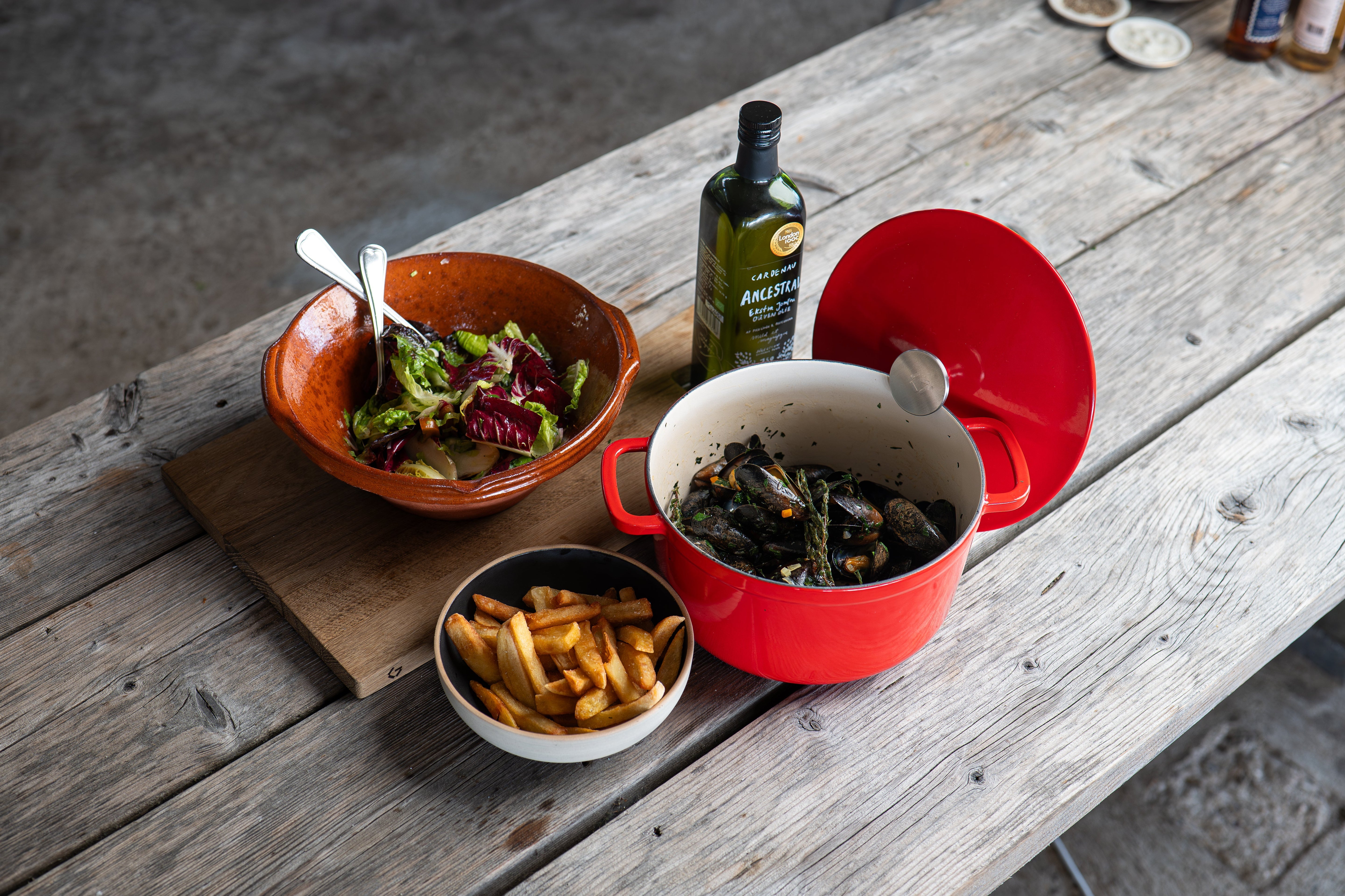 Moules frites with green salad