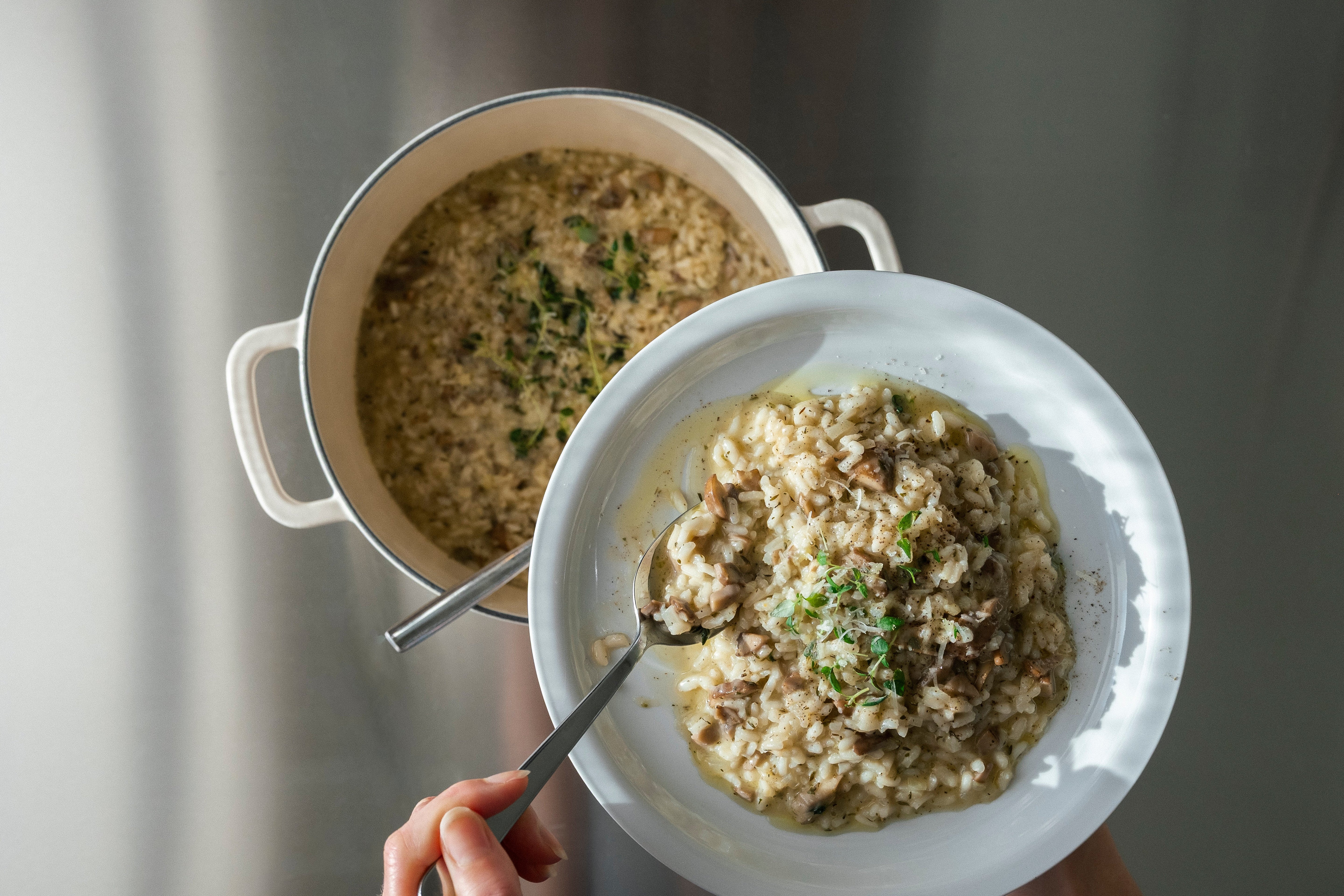 Risotto with mushrooms, Parmesan cheese and thyme