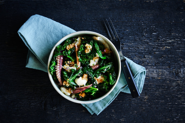 Fried squid with cabbage shoots, cauliflower purée and say-lime vinaigrette